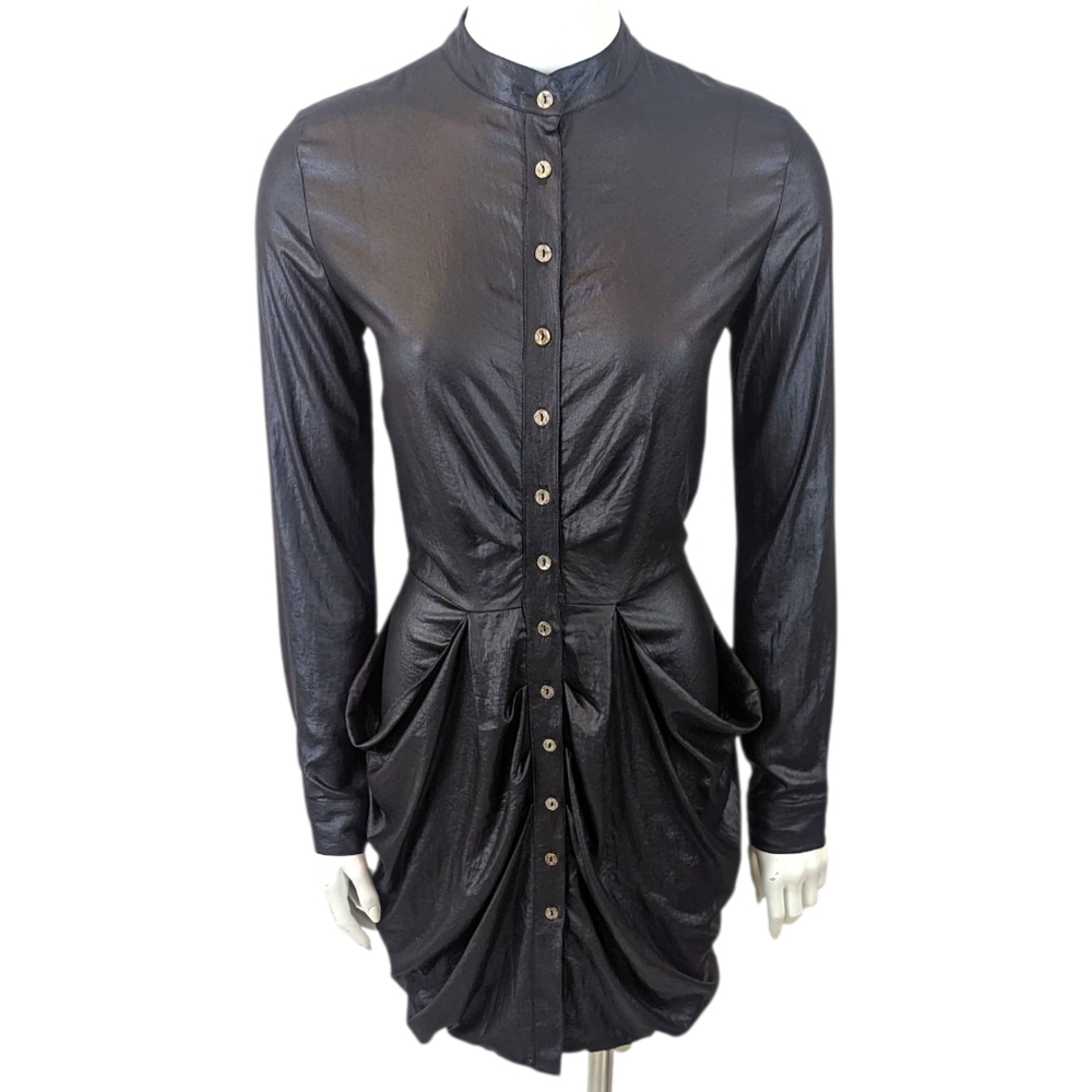 Vintage Y2K Metallic Black Mini Dress Goth Vamp Cyber Punk Womens XS Whimsygoth